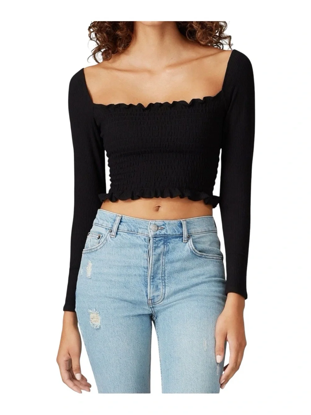 Reformation Sable Smocked Cropped Top Square Neck Black Size Small Long Sleeves